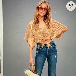 Faithful The Brand Golden Yellow Stripes Tie Front Crop Top